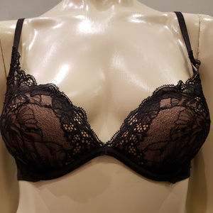 VS Pretty Black Lace over Nude Pushup Bra - 34B